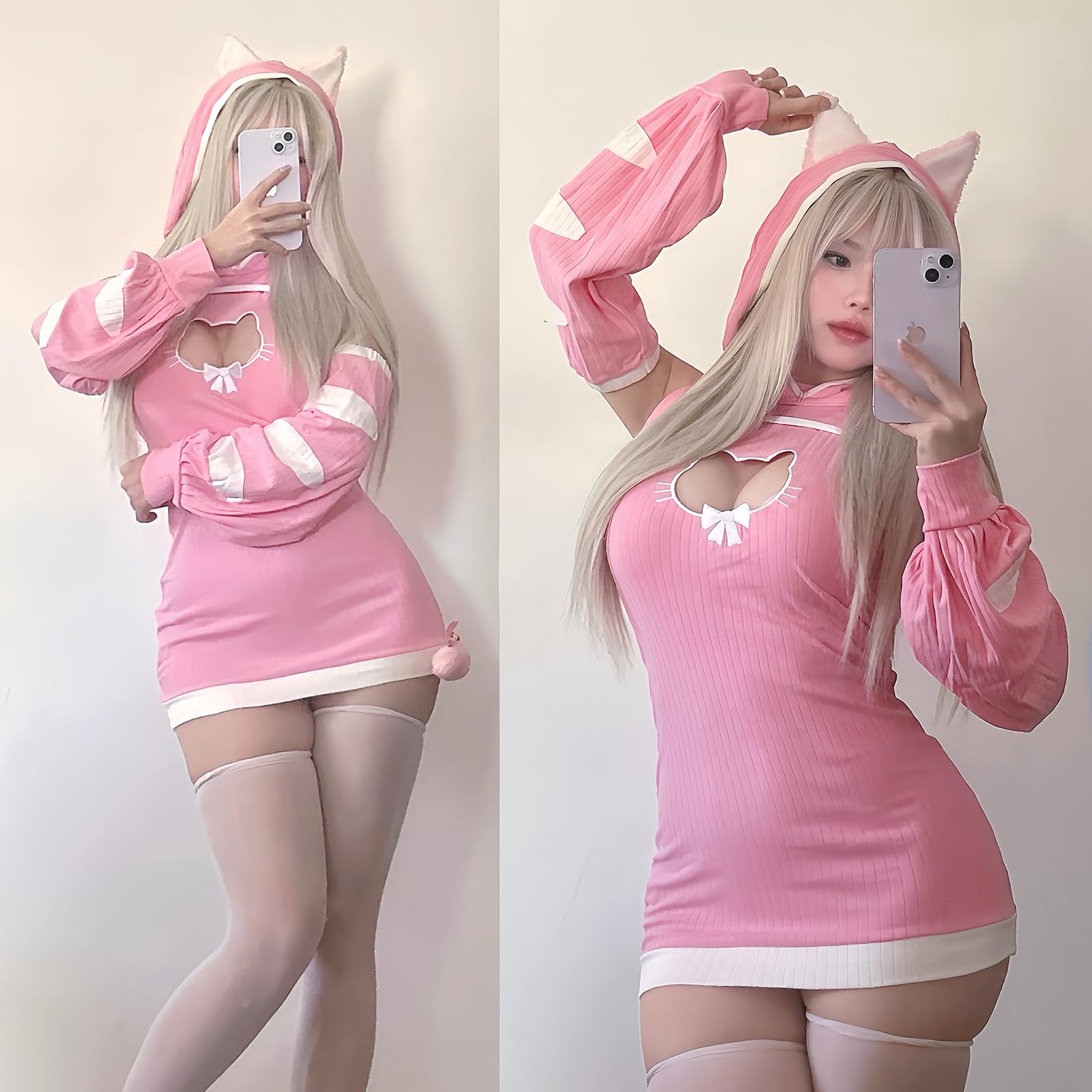KORURACLUB Sexy Cat Maid Outfit Womens Lingerie Set Kitten Cat Claw Cosplay Sexy Sweater lingerie animal Cosplay lingerie: Pink Tabby XS-M