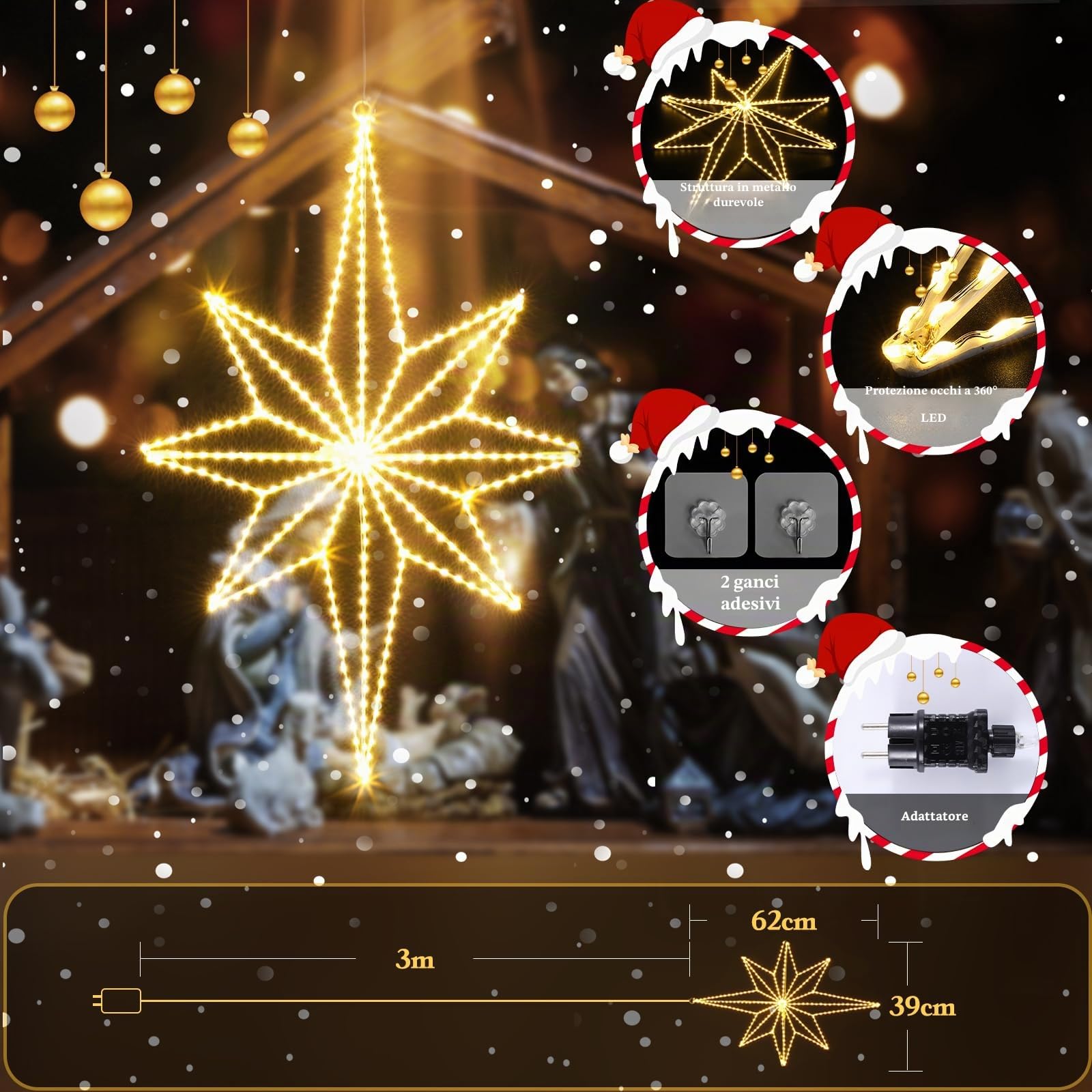 Quntis Stelle Luminose Natale Pieghevole 360 LEDs, Luci Natale Stella 62x39CM, Tenda Luminosa Grande Stella Interno per Finestra Porta Festa Catena Luminosa 3D Stelle Decorazioni Natalizie