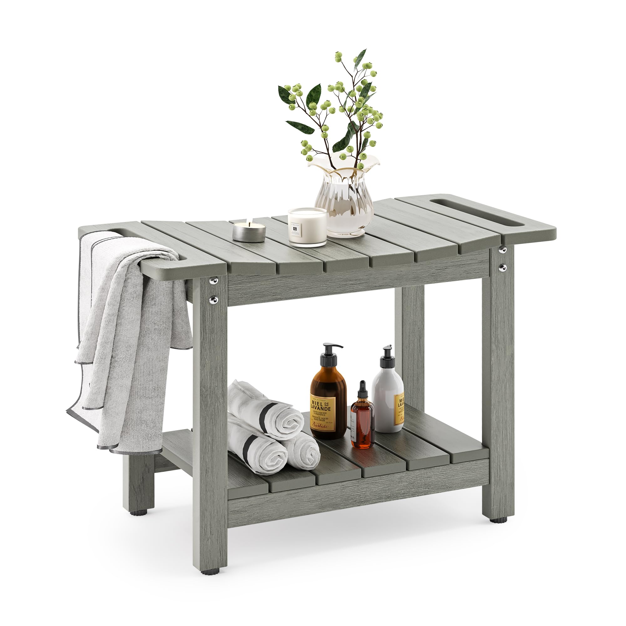 LUE BONA HDPS Shower Benches,Shower Stool for Shaving Legs with Shelf,Waterproof Bath Chair Seat for Bathroom,Weather Resistant/Indoor or Outdoor Use, 61cm, Grey โ image 1