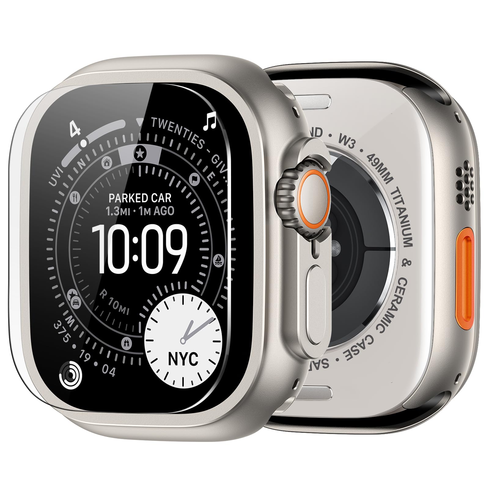 amBand for Apple Watch Ultra 2/Ultra Screen Protector 49mm, W1 Metal Case Rugged Bumper Titanium Frame + 9H Tempered Glass Film + Ceramic-Like Back Cover, Keep Original, Waterproof, Natural Titanium