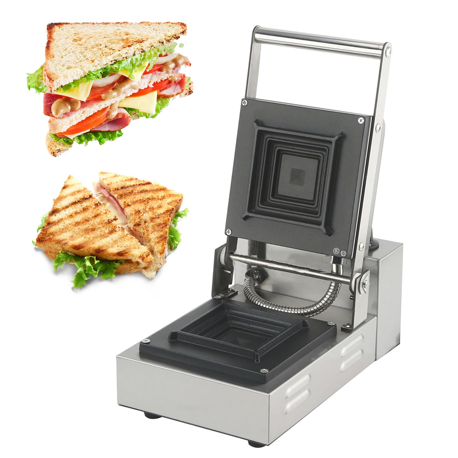 Elektryczny grill panini do kanapek, 900 W handlowy opiekacz do kanapek z temperaturą 50 ° c-300 ° c, timer 0-5 min, stal nierdzewna do hamburgerów steki bekony