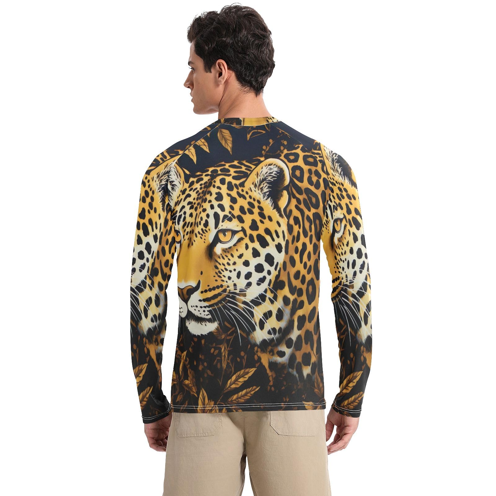Gold Leaves and Leopard Men Rash Guard UV Sun Protection UPF 50+ Sun Shirts Long Sleeve Quick Dry Beach Shirts, XX-Large