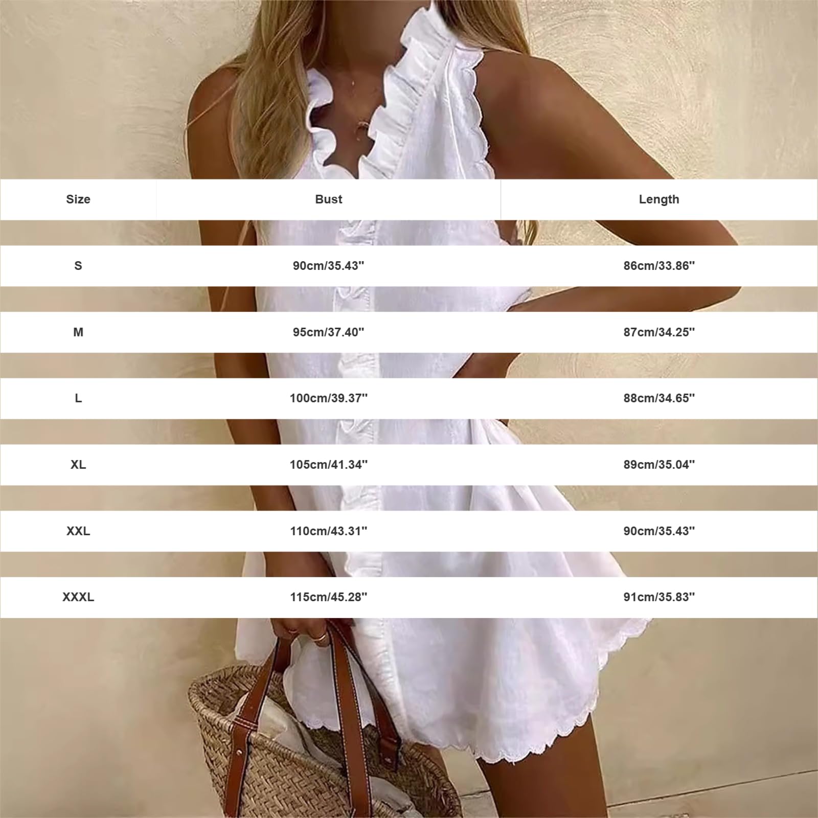 Vestito da spiaggia da donna, elegante, ampio, slim fit, con volant, orlo, senza maniche, per il tempo libero, con scollo a V, per vacanze, spiaggia, casual