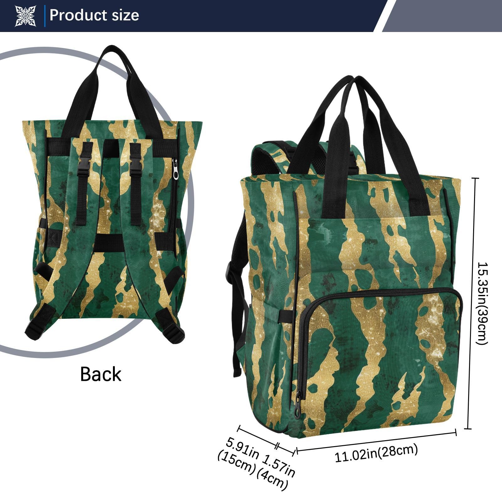 Borsa per pannolini zaino da donna oro ghepardo strisce verde