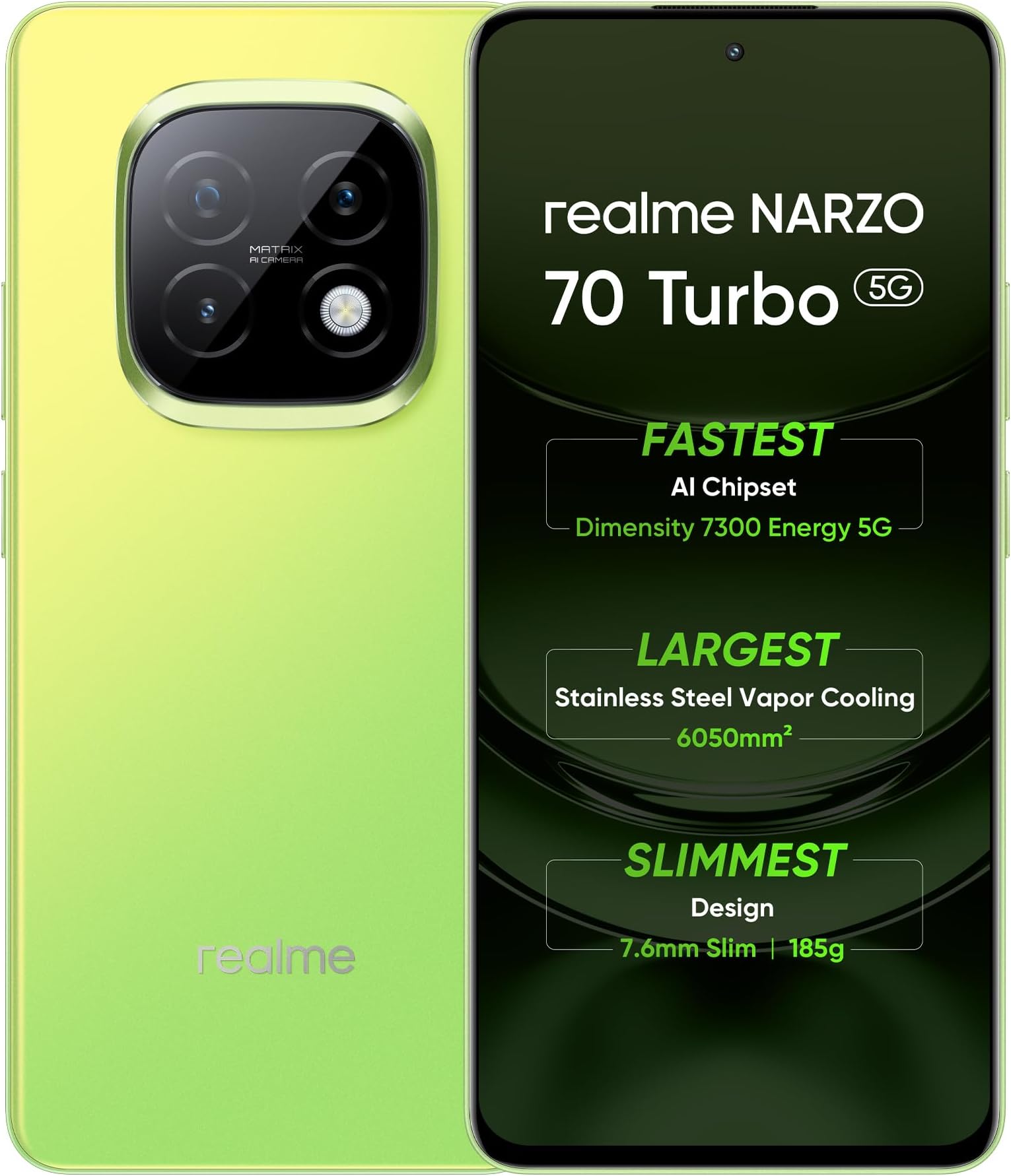 realme NARZO 70 Turbo 5G (Turbo Green, 8GB RAM,128GB Storage) | Segment's Fastest Dimensity 7300 Energy 5G Chipset | Motorsports Inspired Design