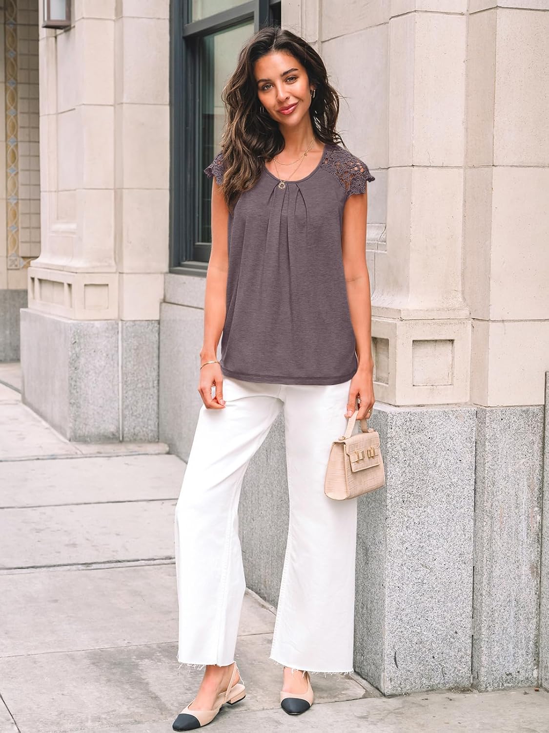 AUTOMET Womens Lace Tops Pleated Short Sleeve Shirts Summer Business Casual Dressy Blouses - Image 5