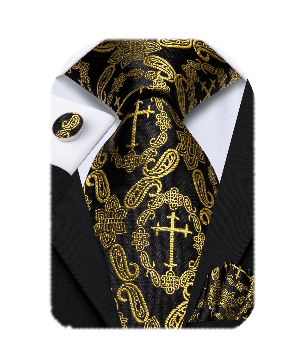 Hi-Tie Mens Plaid Ties Classic Paisley Necktie with Handkerchief Cufflinks Set Business Stripe Tie