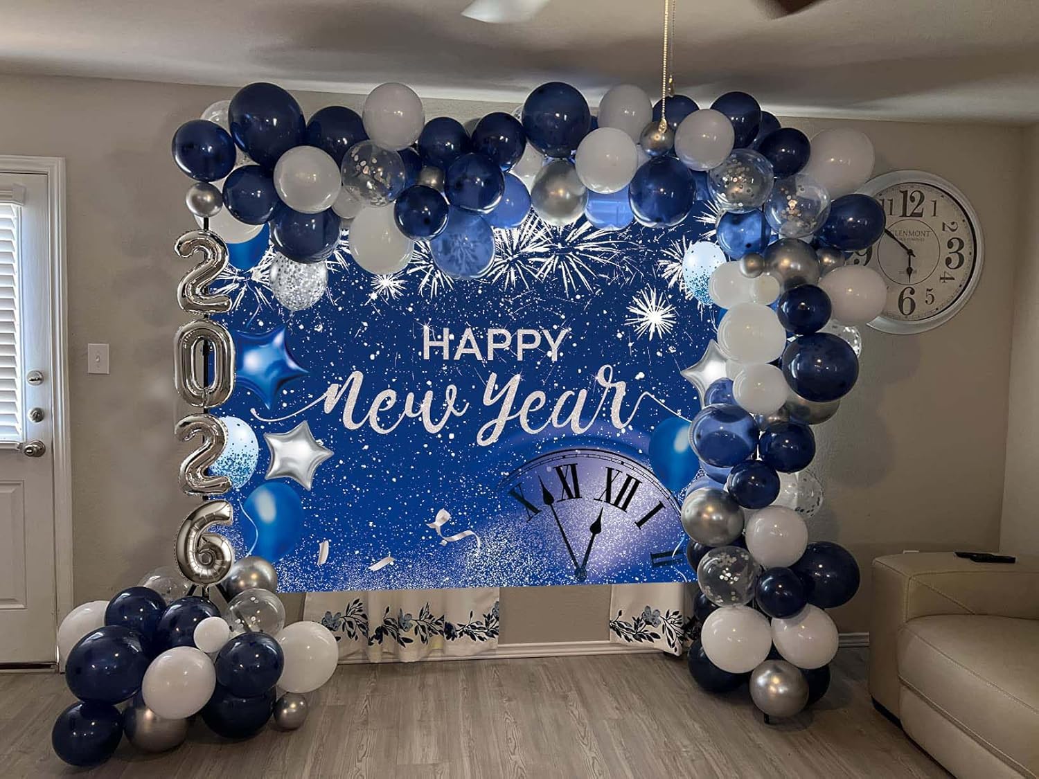 Happy New Year Backdrop 2026 Glitter Blue Fireworks New Years Eve Photography Backdrop Royal Blue Background New Years Eve Party Supplies 2026 Decor Photo Booth Props Banner Favor 7x5ft