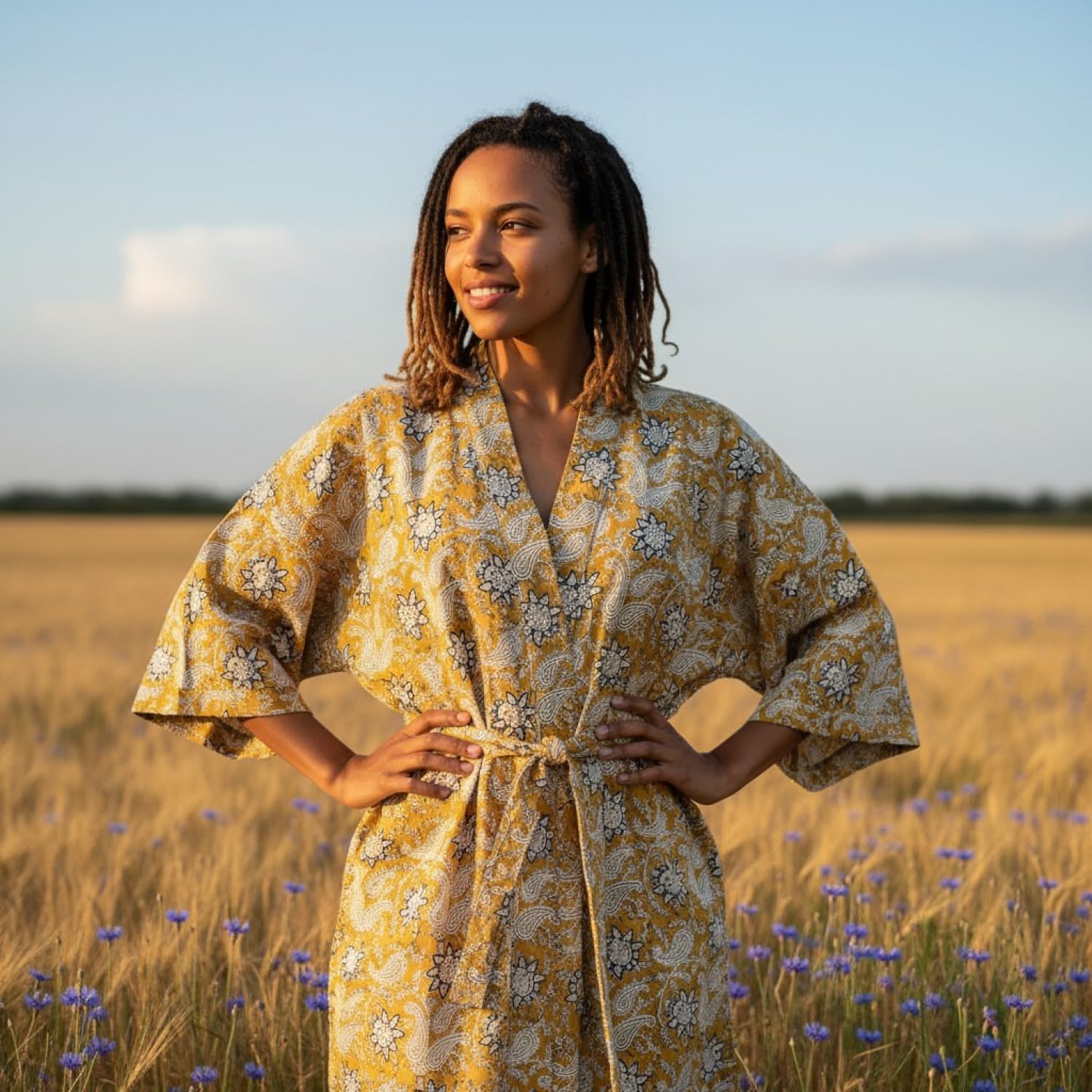 Kimono im Japan Style, handbedruckter Oversize Baumwoll Kimono, schwarz