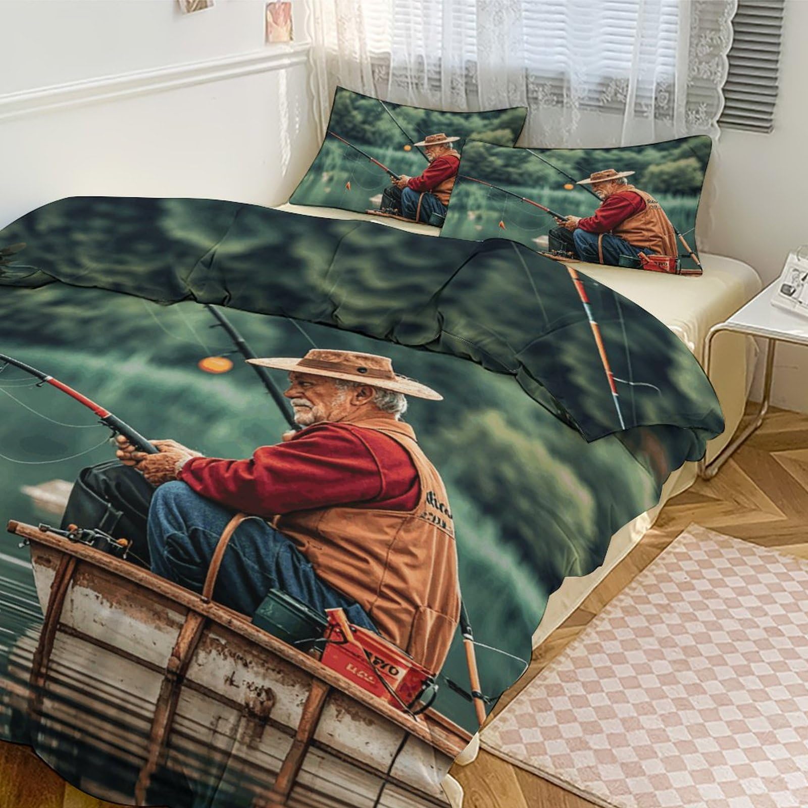 Parure de lit 3 pièces imprimé pêcheurs grand lit couette avec taies d'oreiller