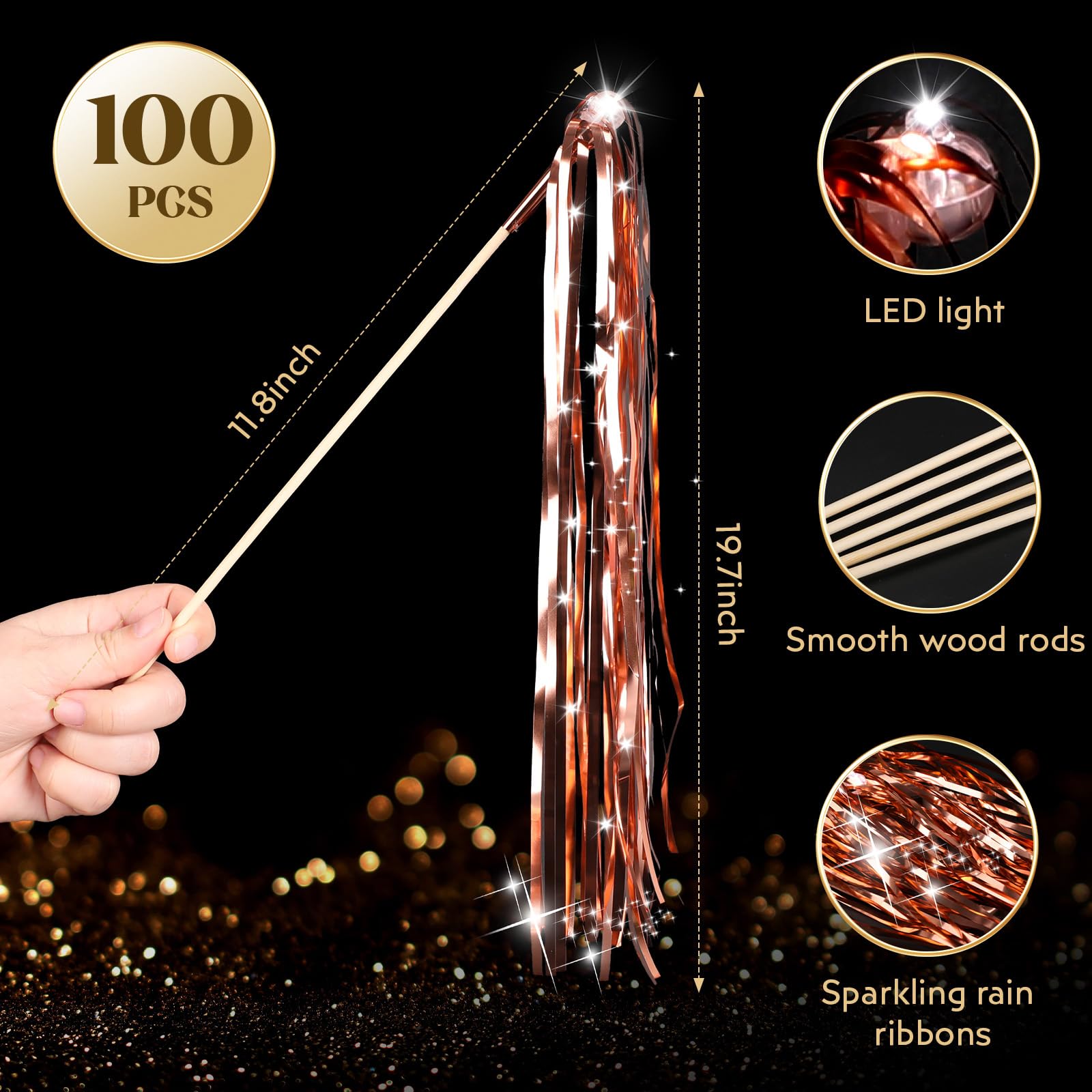 100 varitas de boda iluminadas con espumillón LED para boda, envío y felicitación, accesorios ideales para bodas, fiestas de cumpleaños, juegos de animación de Navidad (oro rosa)
