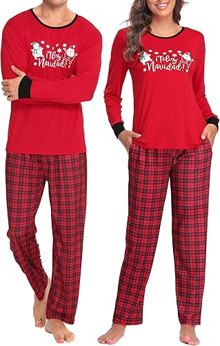 Miniatura 3 de SWOMOG Conjunto de pijama de Navidad a juego conjunto de pijama de manga larga con estampado de Navidad para hombres y mujeres pantalones a cuadros