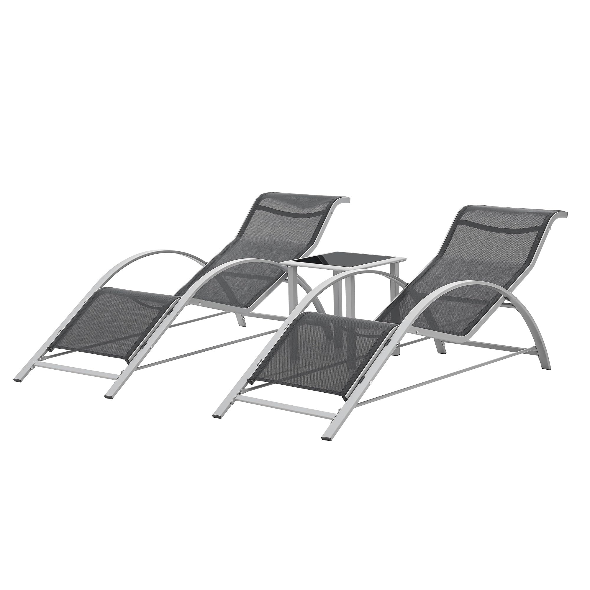 [en.casa] Juego de Muebles de Jardín Binetto Set de 2 Tumbonas con 1 Mesa Exterior Balcón Terraza Piscina Jardín Acero Vidrio - Gris Negro