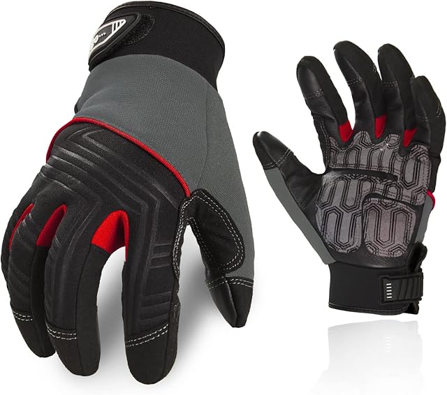 Vgo... 1 Pair Cowhide Leather Medium Duty Mechanic Work Gloves, Anti-Vibration, Anti-Abrasion, Safety Gloves (Size M, Gray+Red, CA9729HL)