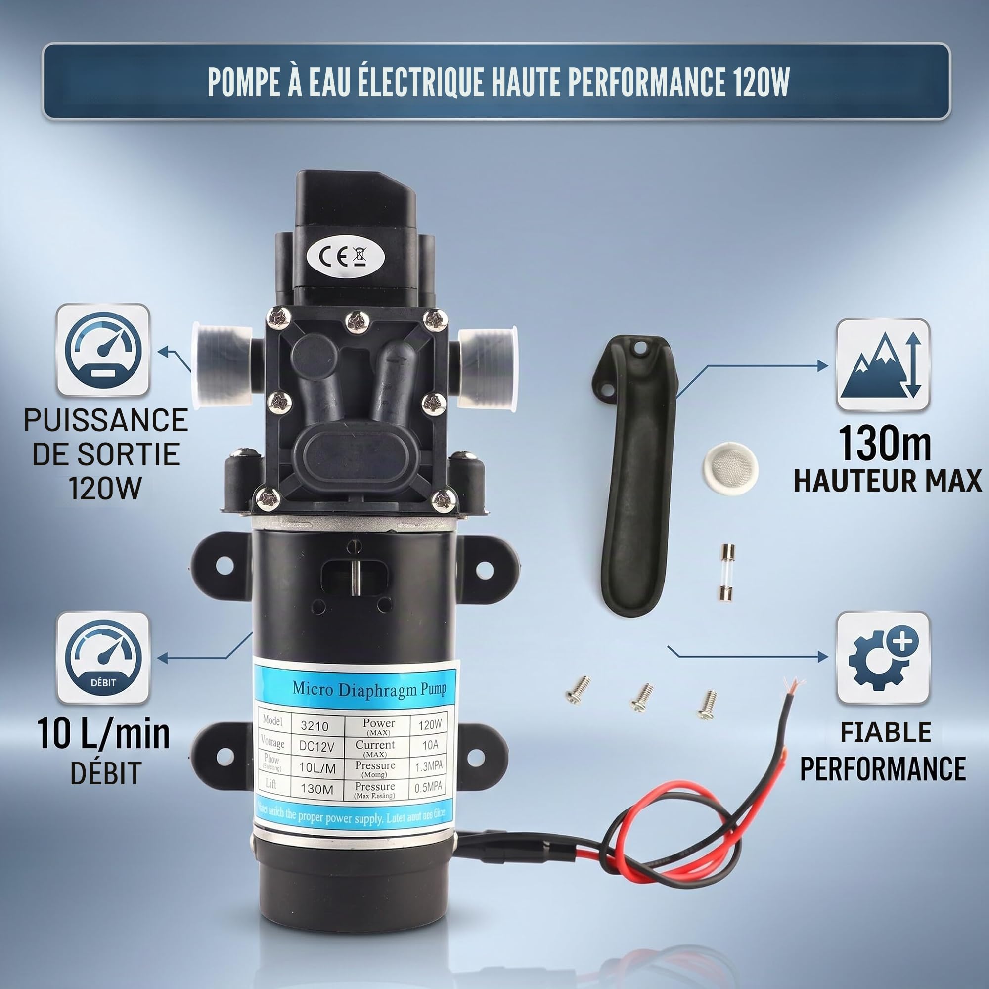 Pompe à eau sous pression 12 V silencieuse 120 W Pompe à eau électrique, 10 l/m, pompe à membrane auto-amorçante, avec protection contre les surintensités, largement utilisée dans les nettoyeurs haute
