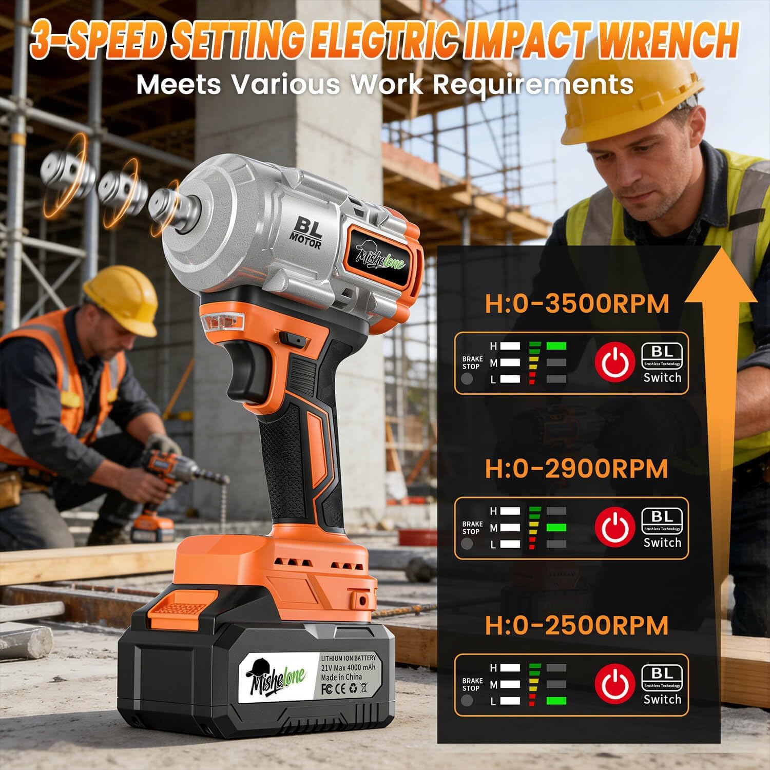 1/2 Cordless Impact Wrench, pistola de impacto 1/2, 21V Brushless 1500N.m/1106ft-lbs High Torque Impact Wrench, Dual 4.0Ah Battery Powered Impact Wrench with 5 Sockets, for Car Tire/Lug Nuts