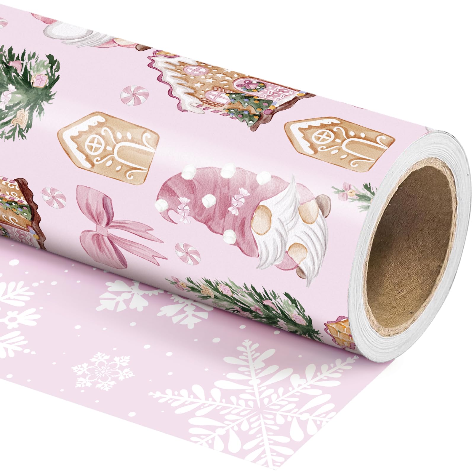 RUSPEPA Reversible Pink Christmas Wrapping Paper - Mini Roll - 43.2cm x 5m - Pink Gnome and Gingerbread Wrapping Paper with Snowflake Design for Christmas Holiday, Winter Season — image 1