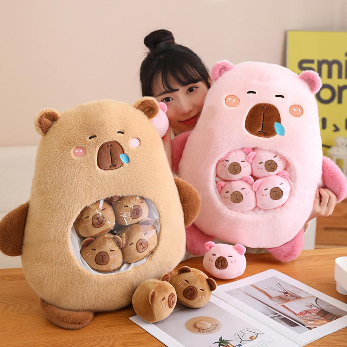 Kekeso Capybara Peluche Kawaii Capybara Peluche con 6 Bebés Lindos Bolsa de Capybara Peluches Almohada Juguetes de Peluche para Niñas Niños Regalos,Marrón