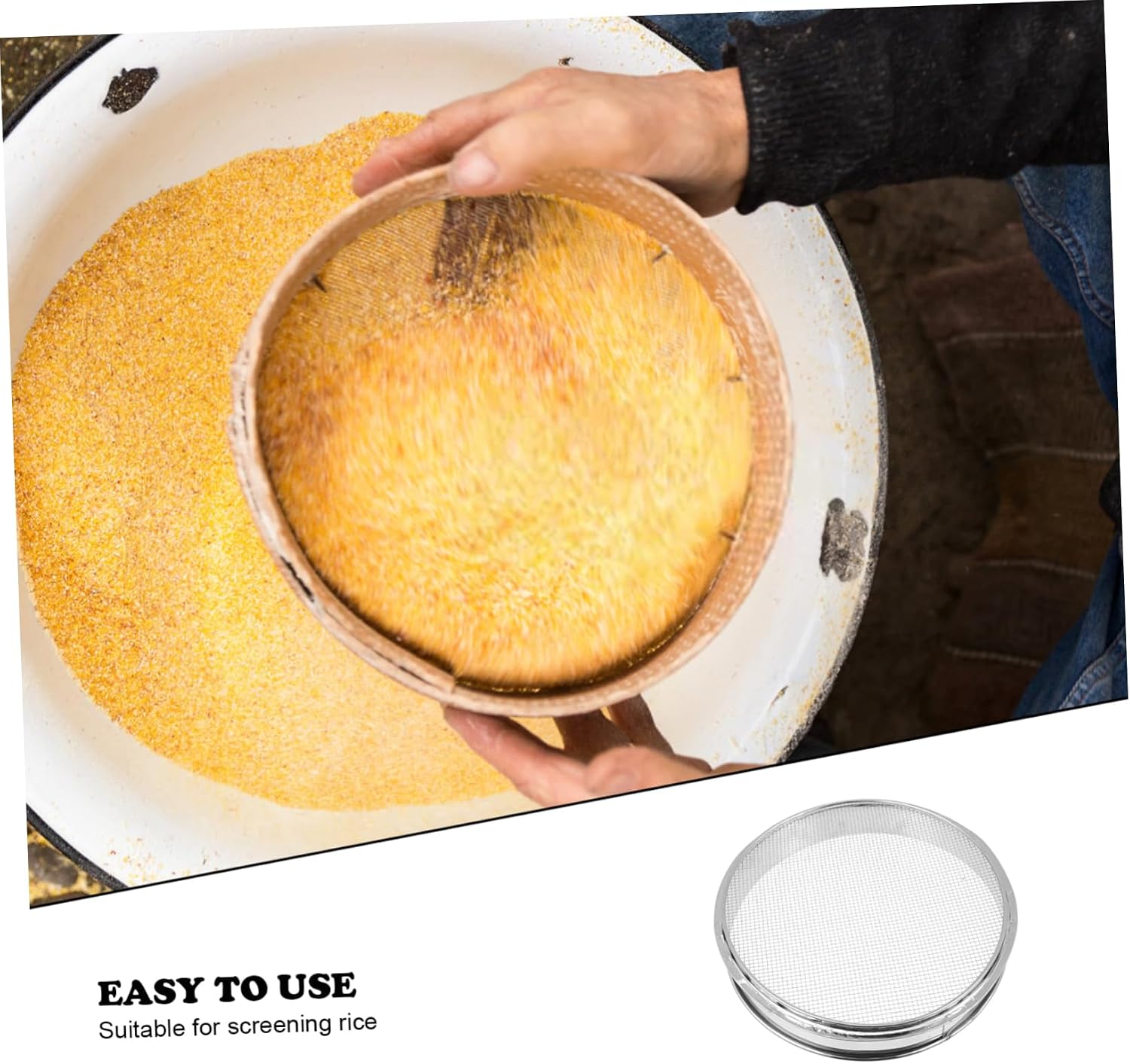 Ipetboom Stainless Steel Grain Sifter Mesh Manual Maize and Beans Sieving Tool Kitchen Strainer for Coarse Cereals Easy to Clean and Store