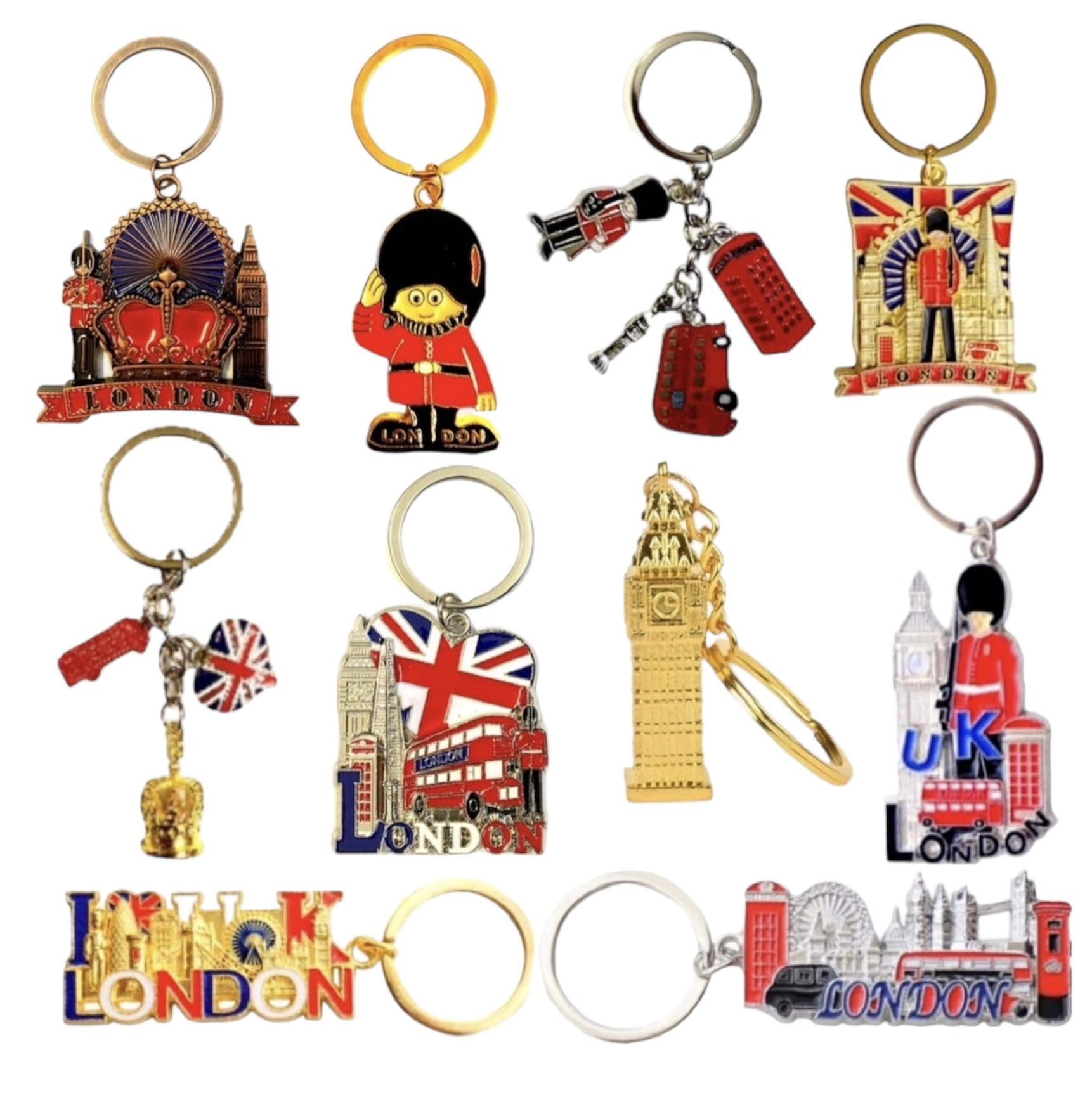 Souvenirs Multicolore 10 London Keyrings - British Gift Keychains Key Chain - Great Britain Icons Union Jack Brelock Uk Metal Keyring - England British Key Ring - Bus Big Ben Key Chain