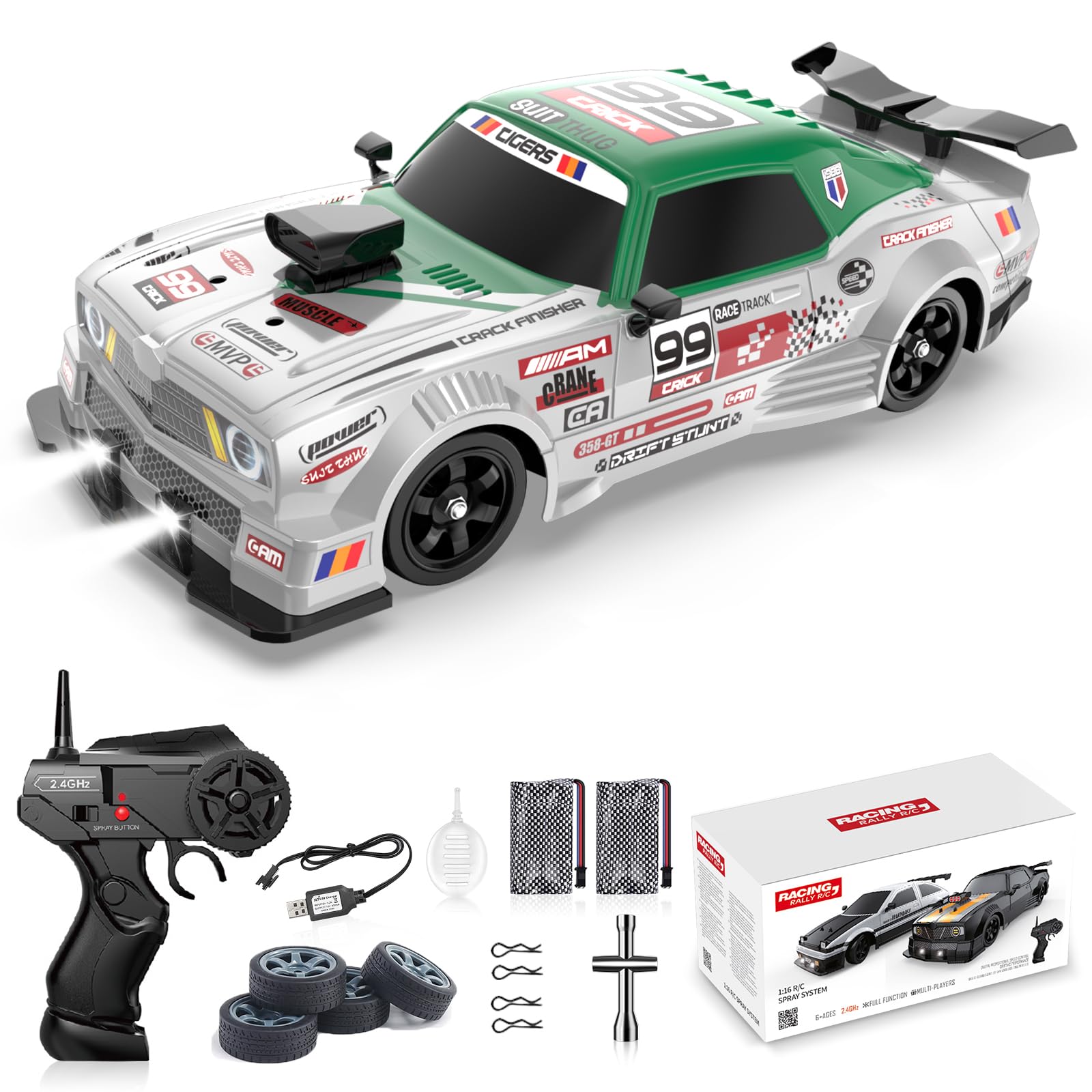 RC Drift Car 1:16 Scale 4WD High Speed Remote Control Cars Vehicle 2.4GHz with LED Lights Two Batteries and Drifting Tires Racing Sport Toy Cars for Adults Boys Girls Kids