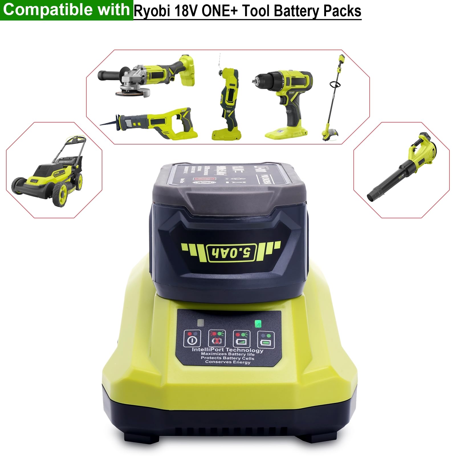 Kekepowtobat Kompatybilna z ładowarką do akumulatorów Ryobi 18 V, szybka ładowarka P117 kompatybilna z akumulatorami Ryobi 12 V-18 V ONE + litowym, NI-CD i NI-MH PBP2005 PBP002 PBP005 PBP006 P193 P108