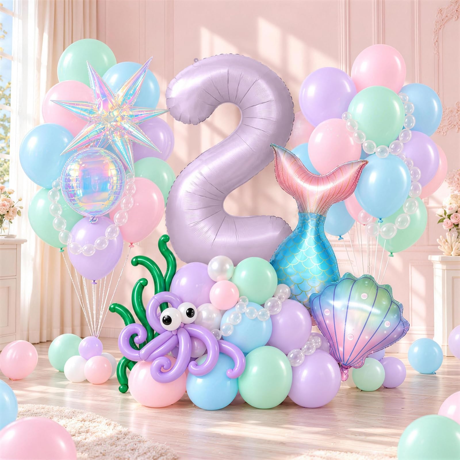 Mermaid 2nd Birthday Decor Girls, Pink Purple Blue 40 In Number 2 Balloon