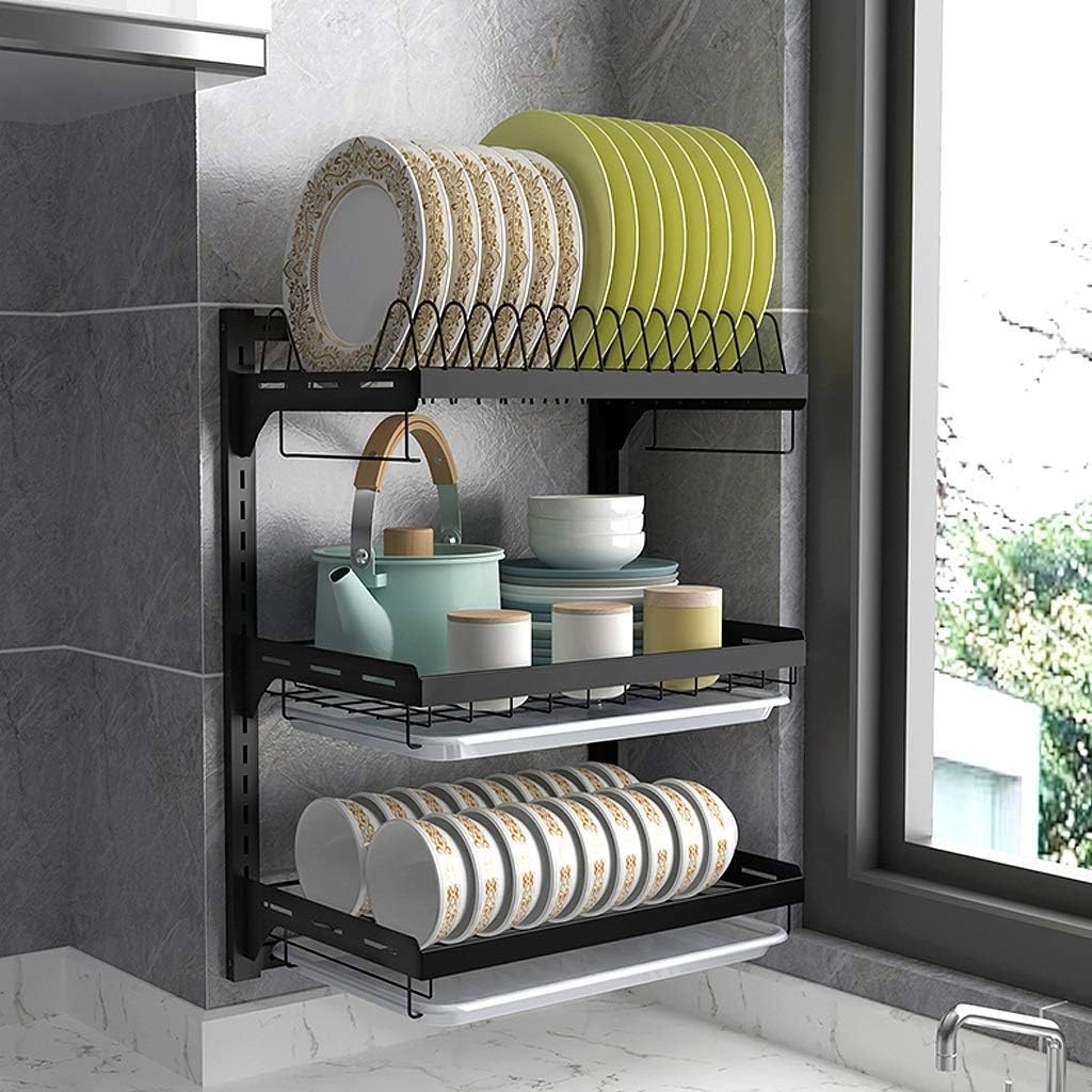 Escurridor de Platos Pared Acero Inoxidable 201 para Cocina,Organizador 2 o 3 Niveles con bandejas,Platos y Cuencos(3 Capas)