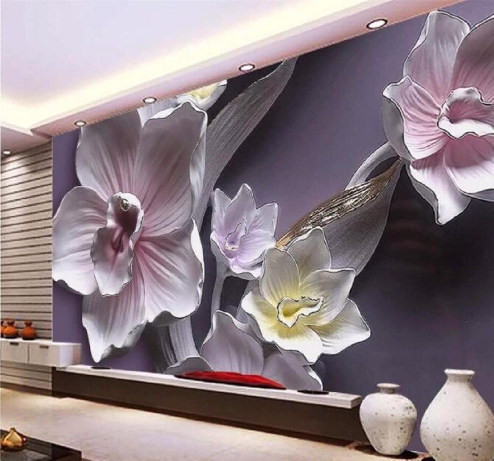 XLMING Relief Large Beautiful Orchid Art 3D Wallpaper Luxury Silk Study Dining Feature Sofa Grey Bedroom Living Room Tv Decorative Wall-430cm×300cm