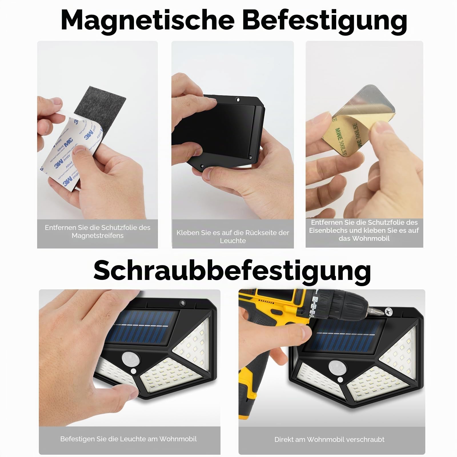 Magnetische Bewegungsmelder-Licht, Solar-Wohnmobil-Veranda-Licht, Außenbeleuchtung für Wohnmobil, Wohnmobil-Lichter, Outdoor, Markisenlichter für Anhänger, 5. Räder, 100 LEDs, 2 Stück