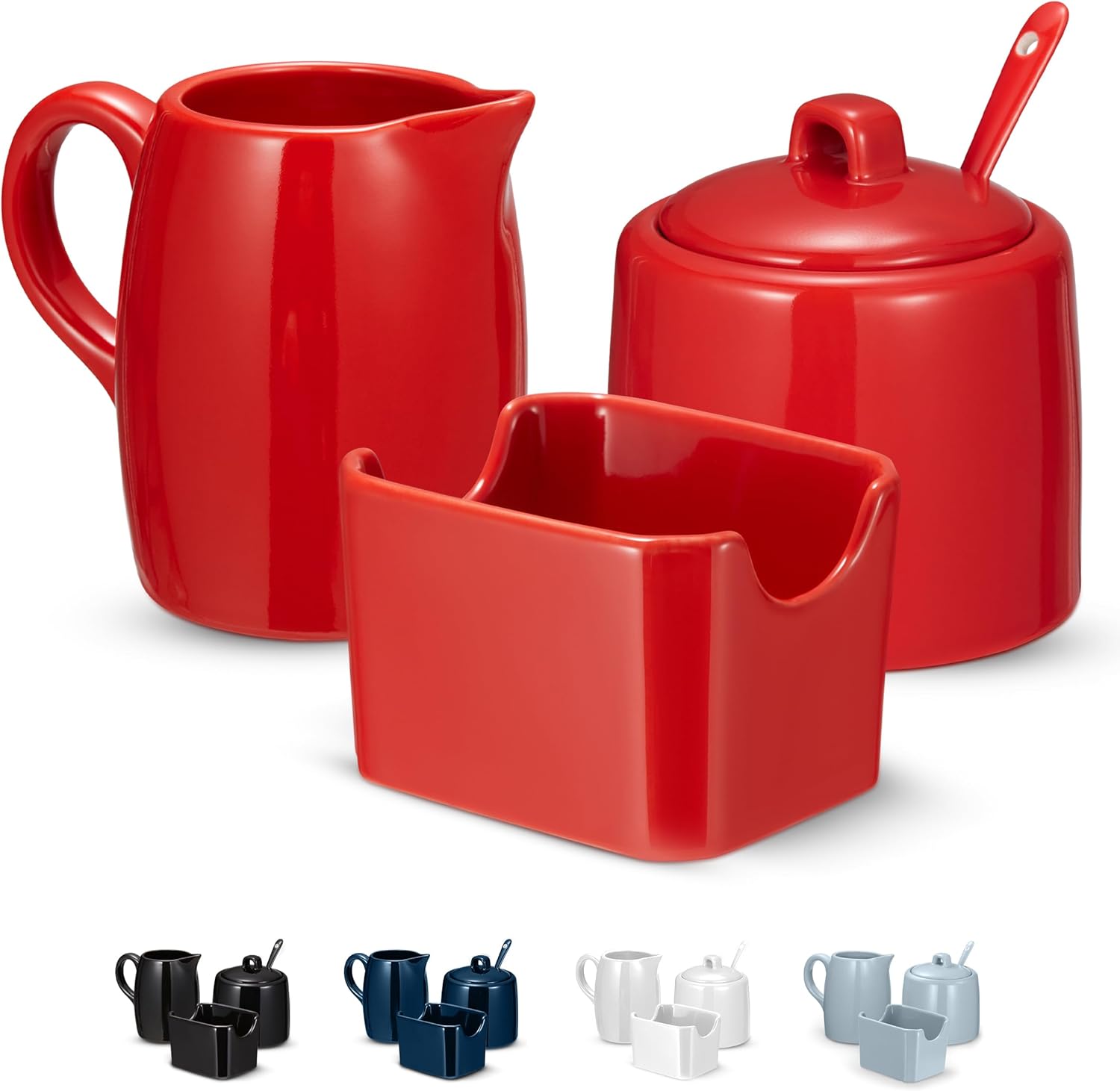 KooK Sugar and Creamer Set, 3 Piece, Pitcher, Sugar Bowl with Lid and Spoon, Sweetener Holder (Navy)