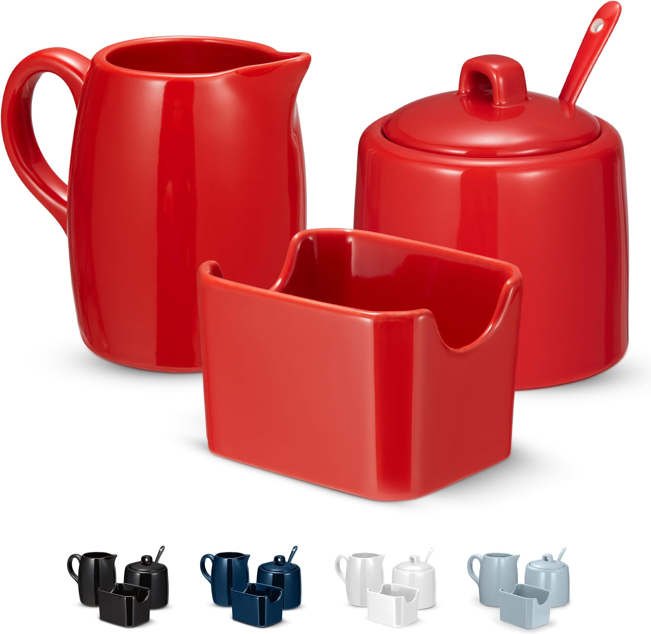 KooK Sugar and Creamer Set, 3 Piece, Pitcher, Sugar Bowl with Lid and Spoon, Sweetener Holder (Red)