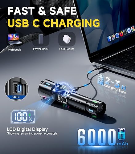 Miniatura 4 de Esgofo Linternas recargables de alto lúmenes, diseño de botón de un solo clic, LED súper brillante de 30 W, larga duración de 15 horas, entrada y