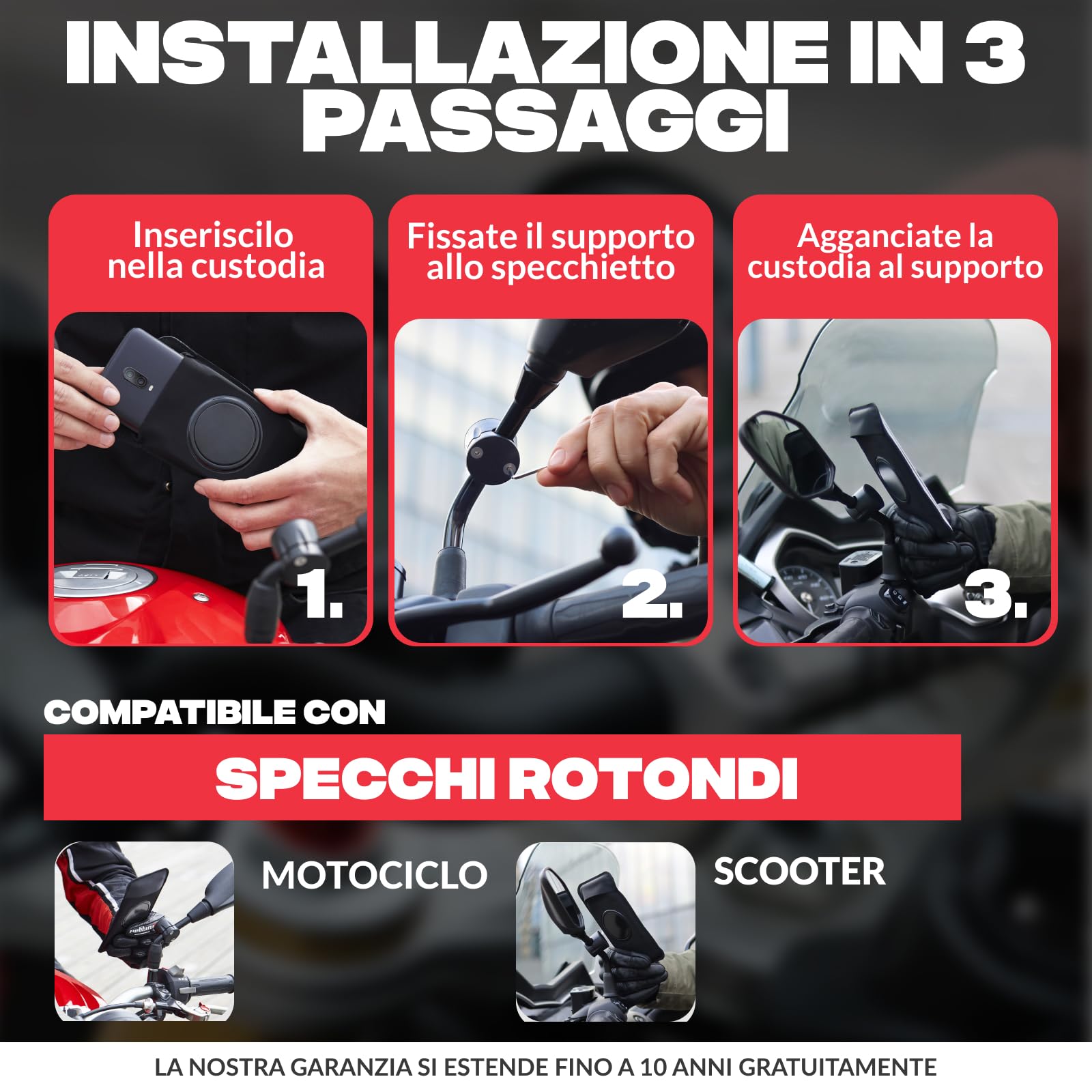 Shapeheart - Porta cellulare scooter specchietto antivibrazioni. Supporto telefono scooter impermeabile con tasca magnetica, fino a 250 km/h. 100% universale. Porta telefono scooter per retrovisore