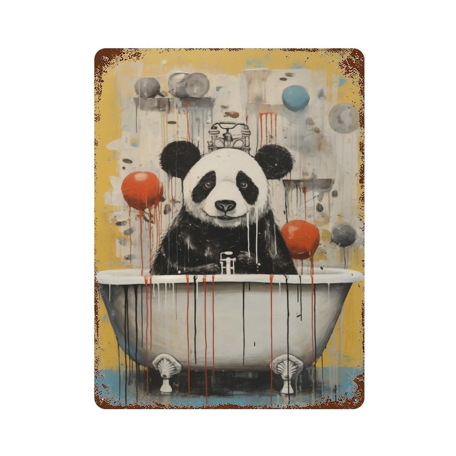 Rust Effect Tin Sign Panda in The Bath Animal 15.7"x11.8", Vintage Wall Decor for Living Room, Hallway And Home Decor