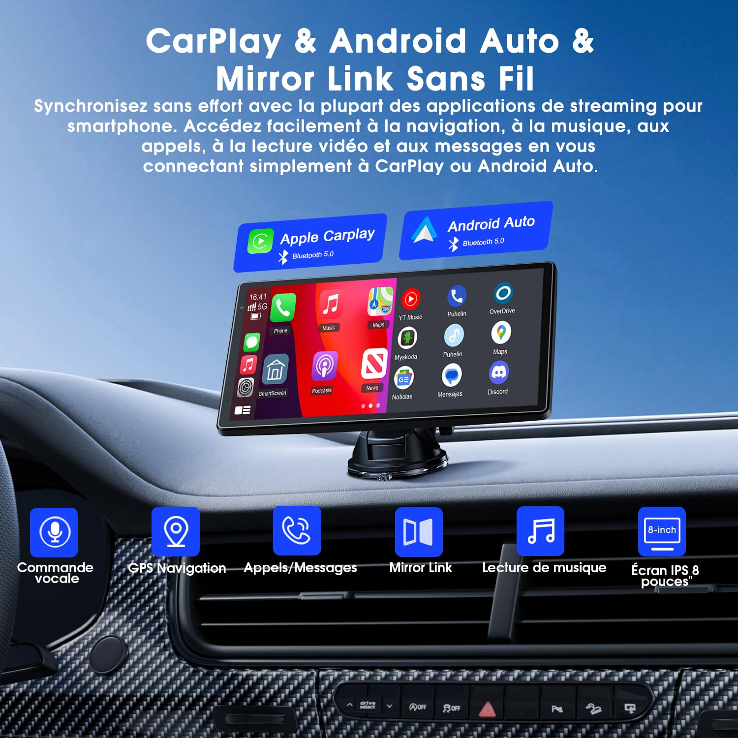 Avylet Écran CarPlay Voiture 8" Portable CarPlay & Android Auto sans Fil, | Écran Tactile IPS HD, Mirror Link et Mise à Jour OTA, Caméra de recul AHD 1080P, Bluetooth, Navigation GPS, Commande Vocale