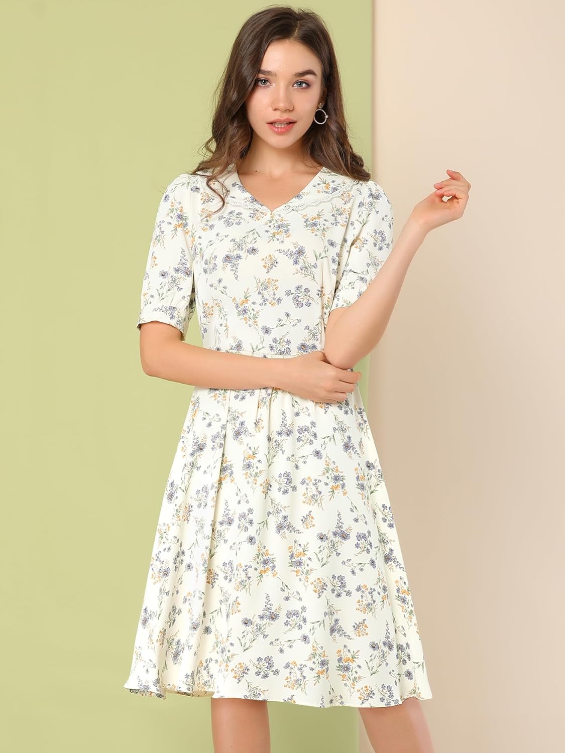 Allegra K Women's Vintage Peter Pan Collar High Waist Flowy Midi Puff Sleeve Floral Dress - Image 3