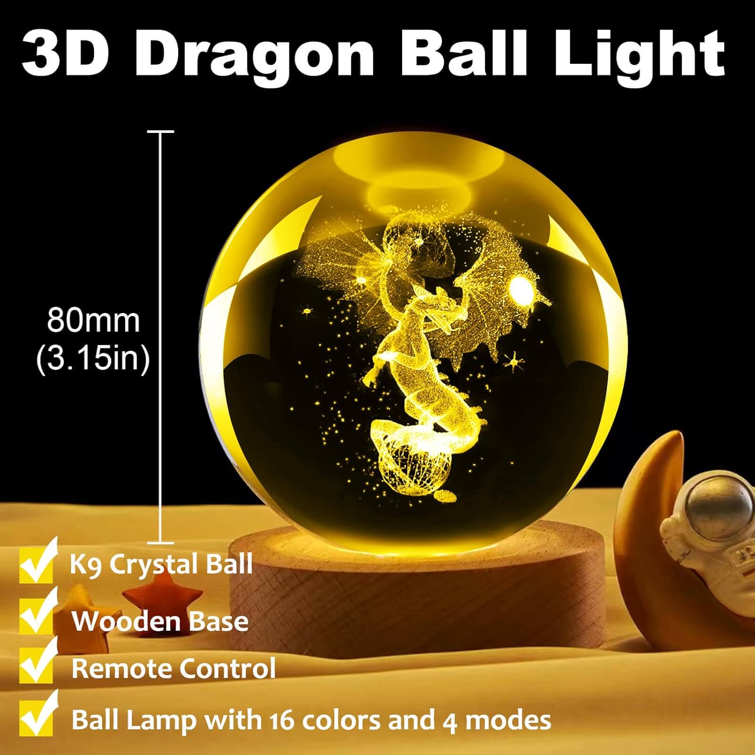 Dragon Table Lamp, 3.15in 16 Colors Crystal Ball Night Light with Wooden Base and Remote Control, Birthday Gift and Dragon Gifts for Women Men Kids (Dragon）