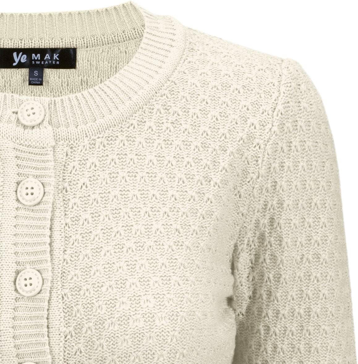 YEMAK Women's Cropped Cardigan Sweater – 3/4 Sleeve Crewneck Basic Classic Casual Button Down Soft Crochet Knit Top (S-3XL) - Image 4