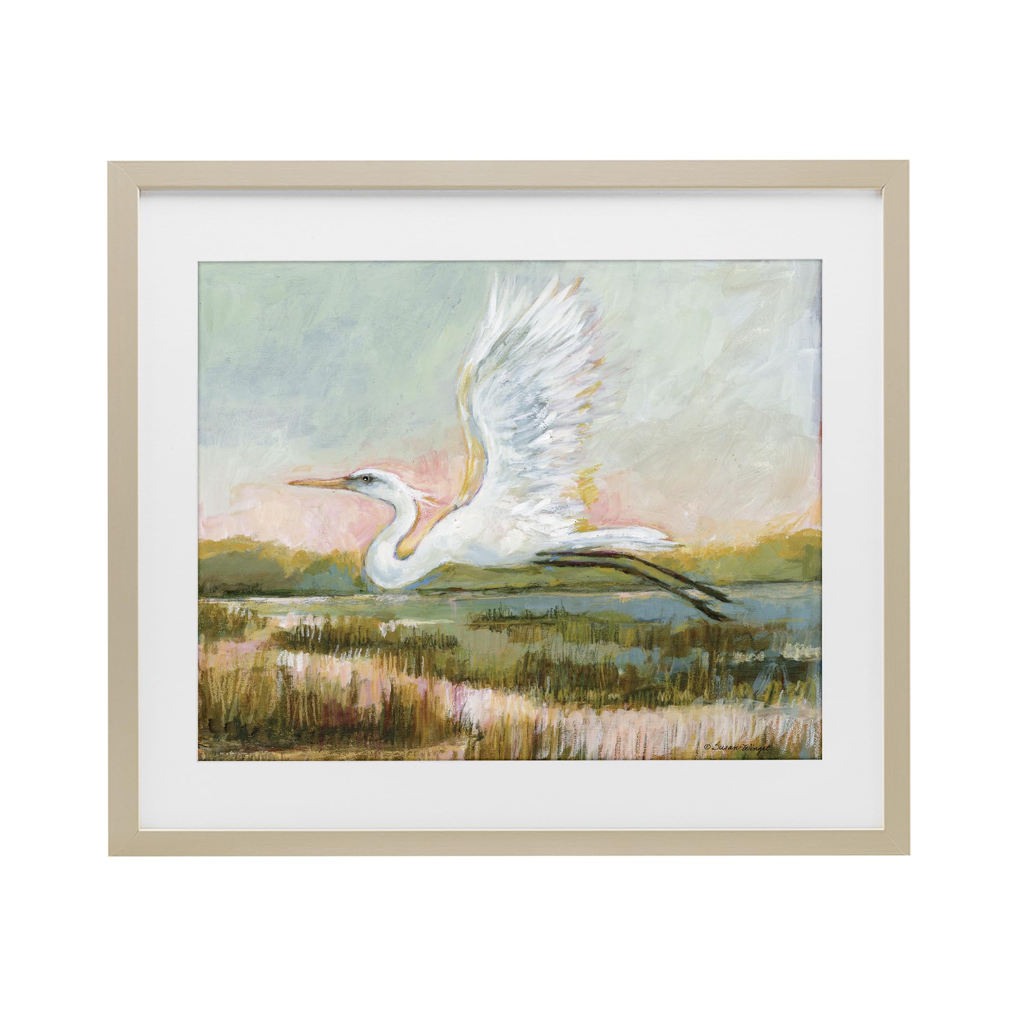 Stupell Industries Harvest Pine (Textured) 'White Heron Flying', Framed Print Under Glass, Brown, 21 X 17 Inches, Easy To Hang And Sturdy, Made In Usa, By Susan Winget