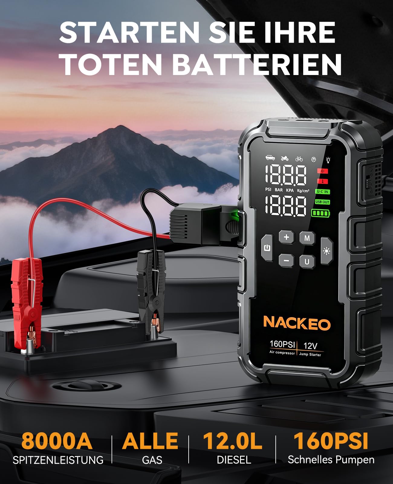 8000A Starthilfe Powerbank für Pkw mit Kompressor (160PSI), 12V Auto Starthilfe Powerbank für Benzin & bis 12L Diesel, tragbarer Jump Starter mit 600LM LED-Licht, Starthilfekabeln & großem LCD-Display