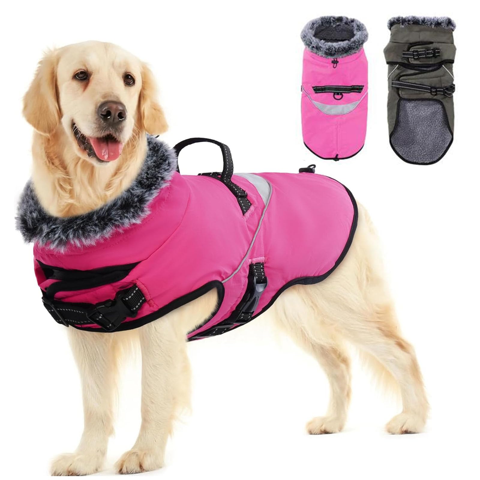 LIANZIMAU Cappotto impermeabile per cani con pettorina Cappotto invernale per cani con fodera in pile Cappotto caldo giacca riflettente per cani