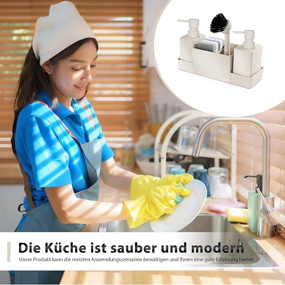 HOSPAOP Sink Organiser Kitchen Organiser Sink Set Made of Plastic with Detergent Dispenser Brush and Washing Sponge Sink Organiser with Soap Dispenser Sponge Brush Beige