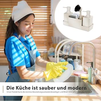 HOSPAOP Sink Organiser Kitchen Organiser Sink Set Made of Plastic with Detergent Dispenser Brush and Washing Sponge Sink Organiser with Soap Dispenser Sponge Brush Beige