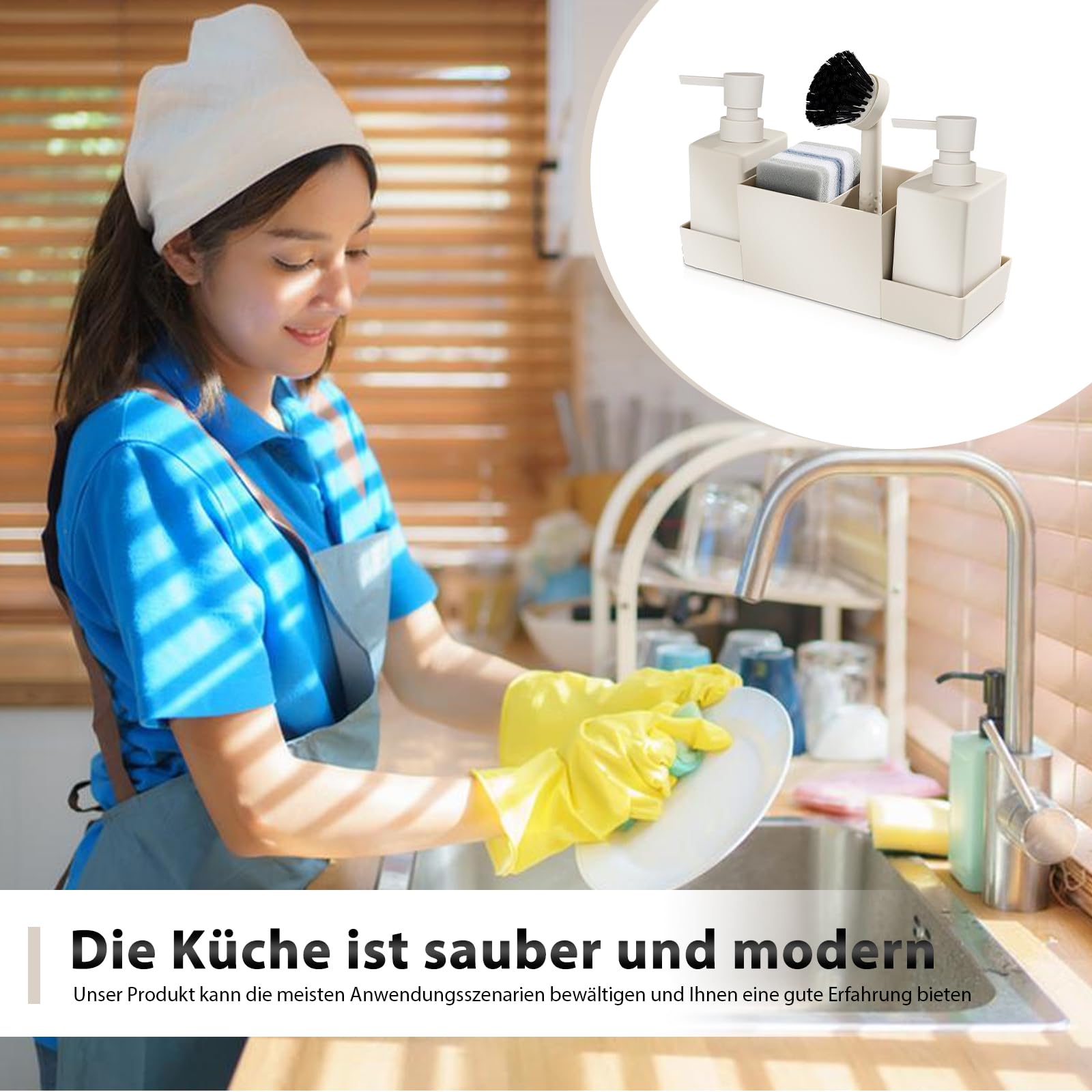 HOSPAOP Organisateur d'évier de cuisine en plastique avec distributeur de liquide vaisselle, brosse et éponge à vaisselle, distributeur de savon, brosse éponge, Beige