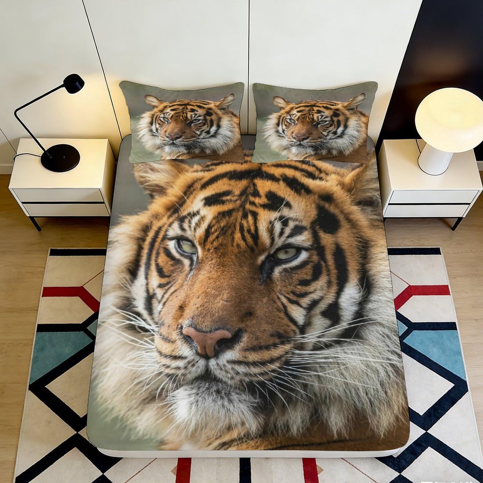 3D Printed Realistic Tiger Fitted Sheet Microfiber Soft Animal Face Bed Sheet for Bedroom Dorm Mattress Cover Decor 90x200x25cm