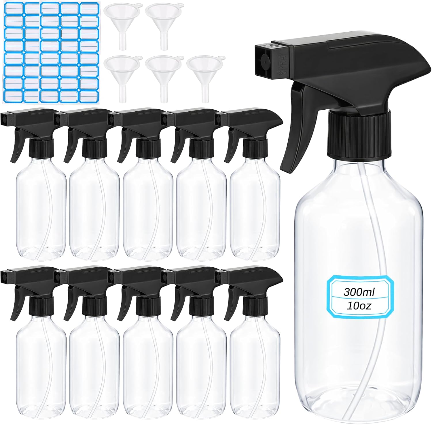 10Pcs Plastic Spray Bottles, 10oz/300ml Empty Refillable Container with Adjustable Head Sprayer, Mist/Stream Water Bottle for Cleaning Products, Plants, Hairstyling (5 Funnels)
