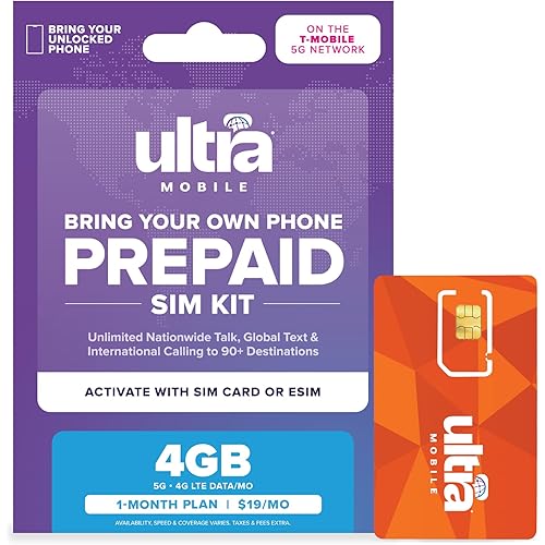 $19/mo. Ultra Mobile Prepaid Phone Plan with Unlimited Talk, Text and 4GB of 5G • 4G LTE Data (SIM Card Kit)