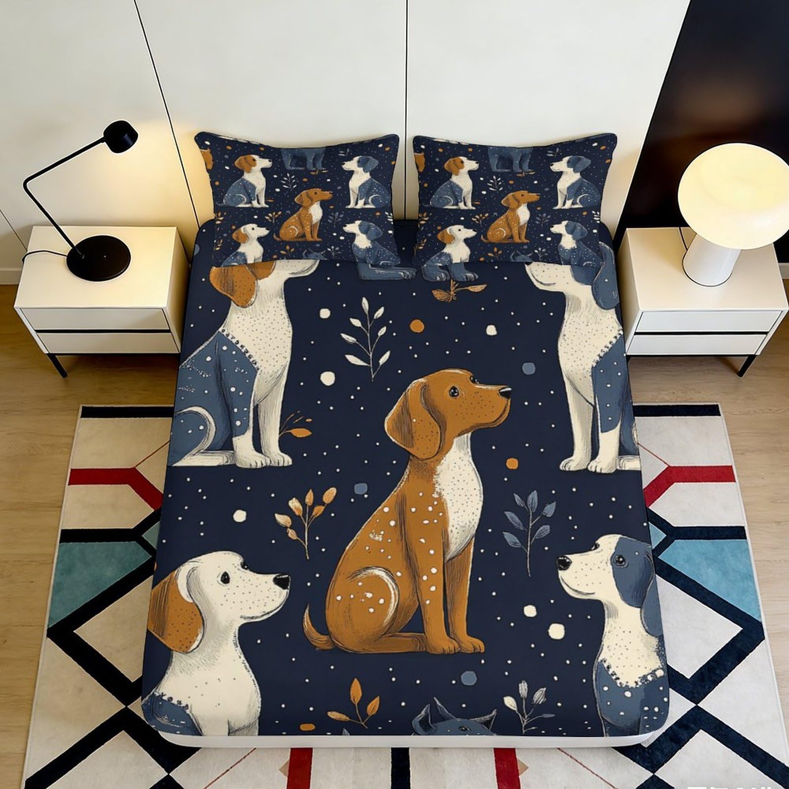 3D Printed Cute Dog Pattern Fitted Sheet Microfiber Soft Durable Cartoon Puppy Bed Cover for Bedroom Dormitory Guest Room Mattress Protection 120x200x25cm
