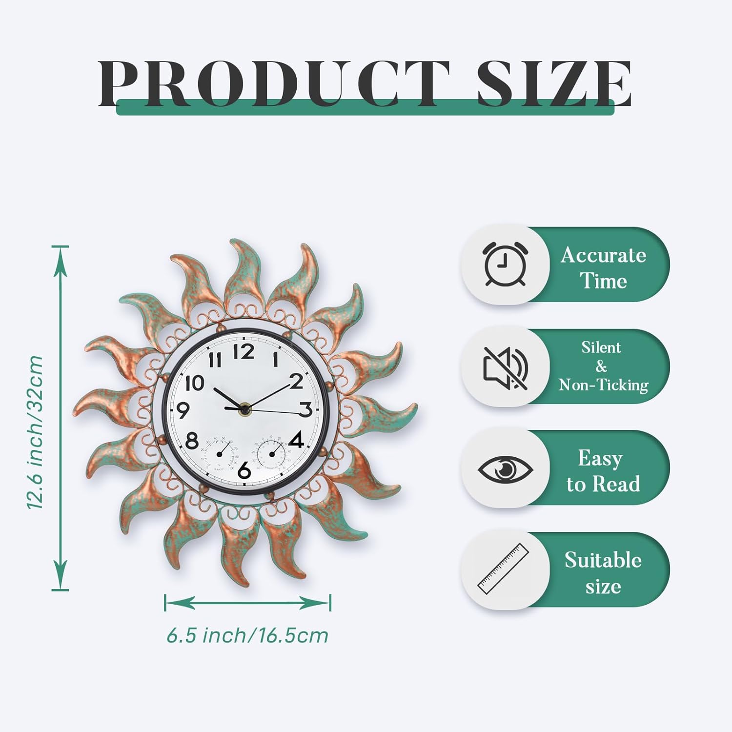 Outdoor Clock with Thermometer and Hygrometer Combo, 13 Inch Bronze Sun Outdoor Wall Clock Waterproof, Silent No-Ticking Outdoor Clocks for Patio, Living Room, Kitchen, Garden